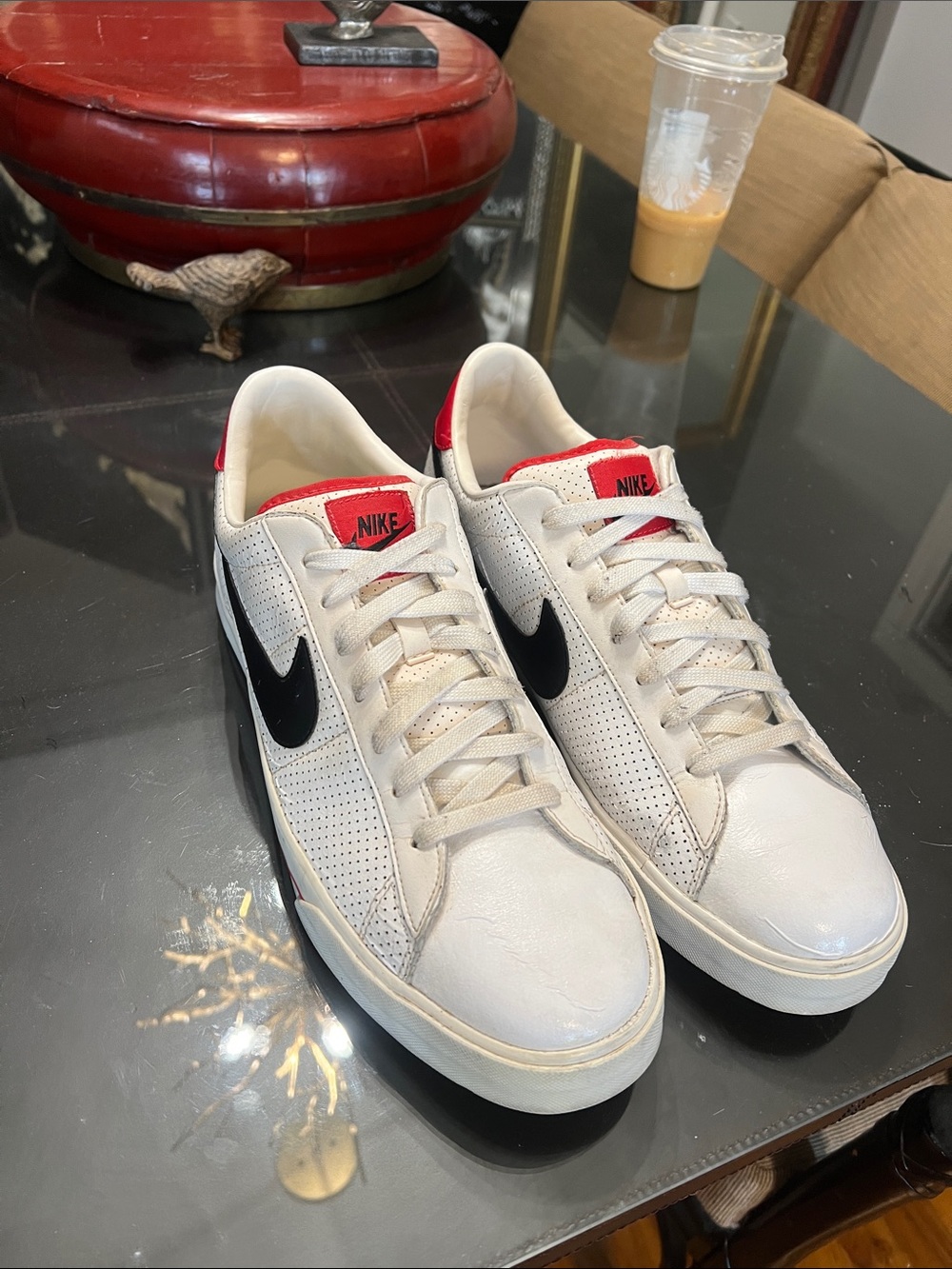 Nike used low White Sneakers with Black Swoosh and Red Heel Tabs mens size 13